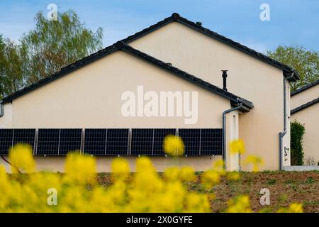 Solarpaneele an einer gut belichteten Wand eines einzelnen Hauses, Einsparungen nach der Energiekrise, Öko-Bürgergeste, grüne Energie Stockfoto