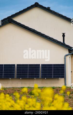 Solarpaneele an einer gut belichteten Wand eines einzelnen Hauses, Einsparungen nach der Energiekrise, Öko-Bürgergeste, grüne Energie Stockfoto