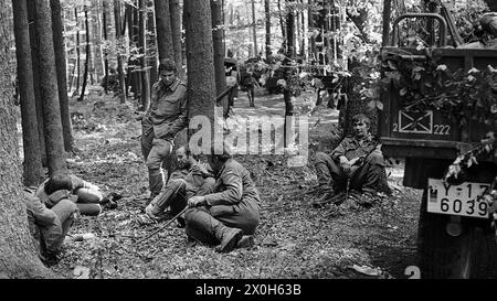 Während einer militärischen Übung des II. Korps der Bundeswehr auf der Schwäbischen Alb wartet eine Gruppe uniformierter Soldaten, getarnt unter Bäumen, auf ihre nächste Mission. Einige Soldaten sitzen oder liegen auf dem Waldboden. Teile eines Einsatzfahrzeugs, vermutlich eines Unimogs, sind am rechten Bildrand zu sehen. [Automatisierte Übersetzung] Stockfoto