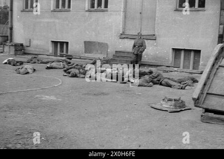 Mehrere erschossene russische Soldaten liegen vor einem Gebäude. An der Wand des Gebäudes sind Schusslöcher zu sehen. Ein Wehrmachtssoldat steht mitten in den Leichen, rauchend, scheinbar unvoreingenommen. Foto undatiert. [Automatisierte Übersetzung] Stockfoto