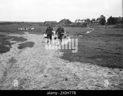 Lachend kommen zwei Soldaten mit Gänsen an die Position der Kompanie an der Ostfront. Im Hintergrund ist der Gänsehirte mit dem Rest der Herde. Das Bild wurde von einem Mitglied des Raffahrgrenadier-Regiments 2 / Rahdfahrsicherungsregiment 2 im Nordteil der Ostfront aufgenommen. [Automatisierte Übersetzung] Stockfoto