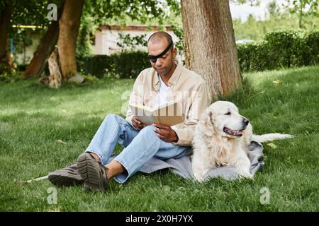 Ein Afroamerikaner mit Myasthenia gravis sitzt im Gras und liest, während ein loyaler Labrador neben ihm sitzt. Stockfoto