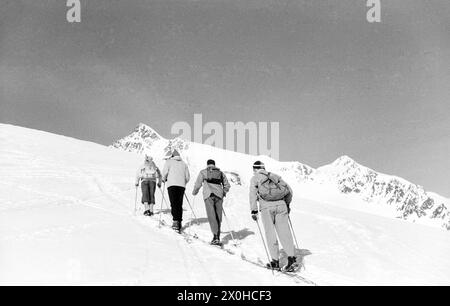 Vier Skitourenfahrer klettern einen Berg nach dem anderen auf einer einzigen Piste hinauf. [Automatisierte Übersetzung] Stockfoto