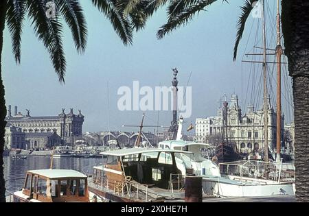 Der alte Hafen von Barcelona mit Yachten. Auf der rechten Seite befindet sich die Hafenbehörde, davor im Wasser befindet sich eine Nachbildung der Santa Maria von Columbus. [Automatisierte Übersetzung] Stockfoto