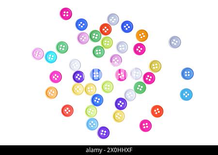 Set aus bunten Nähknöpfen auf weißem Hintergrund. Dekorative Scrapbook-Knöpfe in verschiedenen Farben für heimwerker, Handarbeit, Hobby. Stockfoto