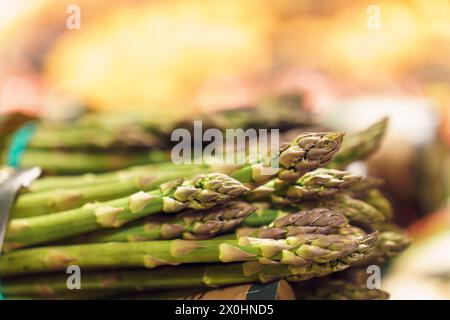Nahaufnahme von Bündeln von grünem reifem Spargel auf der Theke auf dem Markt oder im Lebensmittelgeschäft im Gemüsebereich Stockfoto