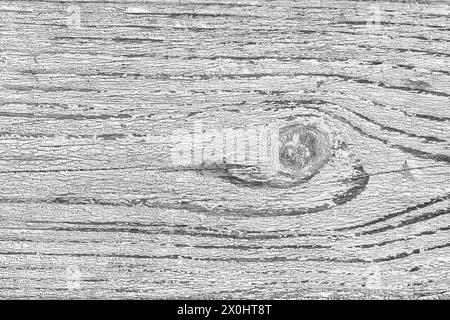 Rustikale graue Holzstruktur mit Knotendetail. Hochauflösendes Bild, das die komplizierten Muster einer verwitterten grauen Holzmaserung zeigt. Stockfoto