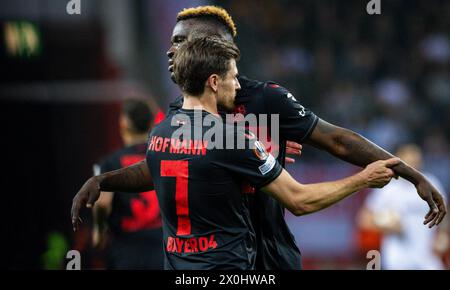 Leverkusen Deutschland. April 2024. Torjubel: Victor Boniface (Leverkusen) Jonas Hofmann (Leverkusen) Bayer Leverkusen - West Ham United 11.04.2024 Stockfoto