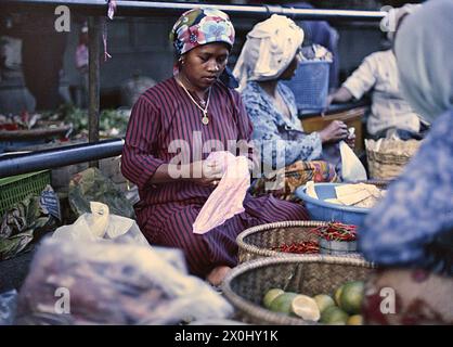 Ein Händler auf einem Markt in Malaysia repackt einige ihrer Waren in eine Plastiktüte. Vor ihr die angebotenen Waren, einschließlich Chili Paprika und Limetten. [Automatisierte Übersetzung] Stockfoto