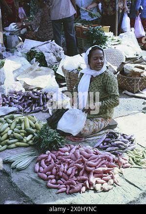 Ein Händler, der auf dem Boden sitzt, verkauft ihre Waren auf einem Markt in Malaysia. Sie trägt ein weißes Kopftuch, ein grünes Oberteil und gemusterte Hosen. Sie ist umgeben von dem Gemüse, das sie anbietet. [Automatisierte Übersetzung] Stockfoto