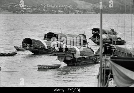 Blick auf eine Meeresbucht in Hongkong. Auf dem Wasser befinden sich mehrere Sampan-Boote. Auf einem der Boote sitzt ein Mann. Neben ihm steht ein kleiner Junge. Im Hintergrund sind einige Häuser am Ufer zu sehen. [Automatisierte Übersetzung] Stockfoto