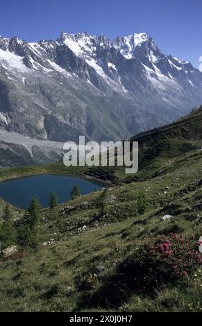 Der Bergsee mit den Grandes Jorasses. [Automatisierte Übersetzung] Stockfoto