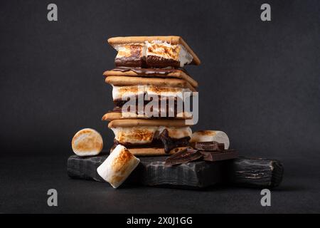 Frisch geröstete Smores. Köstliches Marshmallow-Sandwich mit Cracker und Schokolade auf dunklem Hintergrund. Stockfoto