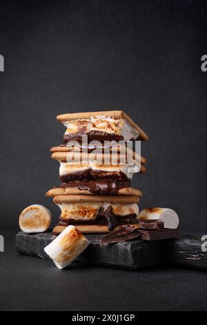 Frisch geröstete Smores. Köstliches Marshmallow-Sandwich mit Cracker und Schokolade auf dunklem Hintergrund. Stockfoto