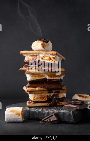 Frisch geröstete Smores. Köstliches Marshmallow-Sandwich mit Cracker und Schokolade auf dunklem Hintergrund. Stockfoto