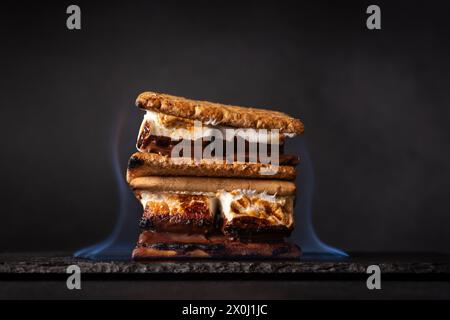 Frisch geröstete Smores. Köstliches Marshmallow-Sandwich mit Cracker und Schokolade auf dunklem Hintergrund. Stockfoto