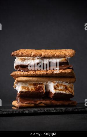 Frisch geröstete Smores. Köstliches Marshmallow-Sandwich mit Cracker und Schokolade auf dunklem Hintergrund. Stockfoto