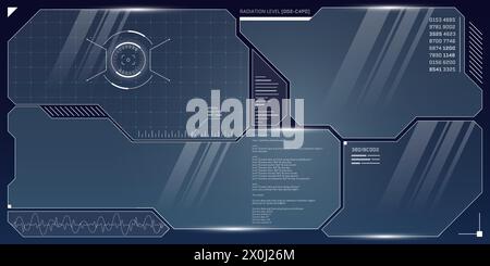 VR HUD futuristisches Bedienfeld-Set. Technologie Head-Up-Display-Ziel und UI-Bildschirm. GUI Digital Virtual Reality Interface Cyberpunk High Tech Visor Design. Cockpit-Armaturenbrett für FUI Sci Fi Raumschiff. Eps Stock Vektor