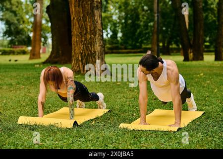 Ein Mann und eine Frau in Sportbekleidung demonstrieren Stärke und Entschlossenheit, während sie Liegestütze in einem Park ausführen Stockfoto