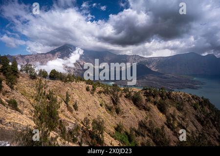 Trekking auf den 3726 Meter hohen Vulkan Gunung Rinjani im Mount Rinjani Nationalpark, Lombok, Indonesien Stockfoto