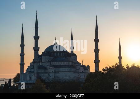 Sultan Ahmed Moschee, Sultanahmet Camii, Sonnenuntergang, Beleuchtung, Istanbul, Türkei, Europa Stockfoto