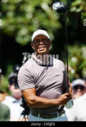 Augusta, Usa. April 2024. Tiger Woods schlägt am Freitag, den 12. April 2024, auf dem achten Loch in der zweiten Runde des Masters Turniers im Augusta National Golf Club in Augusta, Georgia ab. Foto: John Angelillo/UPI Credit: UPI/Alamy Live News Stockfoto