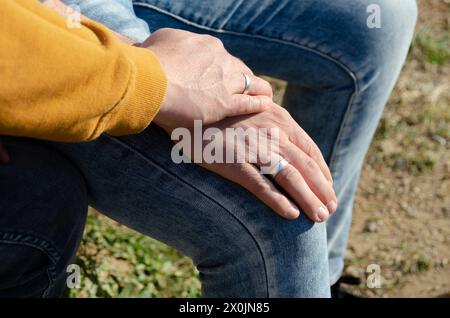 Homosexuelle Männer verbinden sich mit Verlobungsringen. Homosexuelle Ehe und Freiheitskonzept. Stockfoto