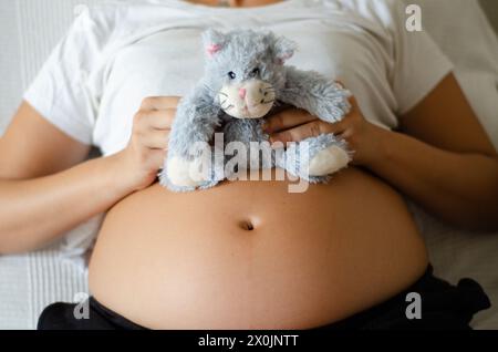 Schwangere Frau, die ein Kuscheltier im Bauch hält Stockfoto