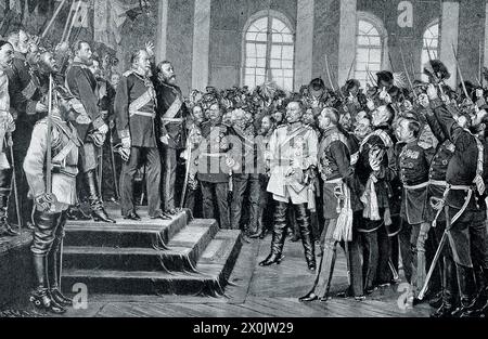 Die Bildunterschrift der frühen 1900er-Jahre lautet: „König Wilhelm wurde zum Kaiser in Versailles ernannt. Während die deutschen Truppen noch Paris belagerten, wurde die union ihres Landes zu einer vollendeten Tatsache. König Wilhelm von Preußen, der einstimmig zum Herrscher gewählt wurde, wurde nicht in Berlin, sondern in Versailles, dem eroberten Palast der französischen Könige, in der berühmten Spiegelhalle Ludwigs XIV. Zum Kaiser ernannt Um den neuen Kaiser versammelten sich nicht Friedensleute, sondern Krieger und Fürsten, Bismarck, der Eiserne Kanzler, und Moltke, der größte Befehlshaber der Zeit. Stockfoto