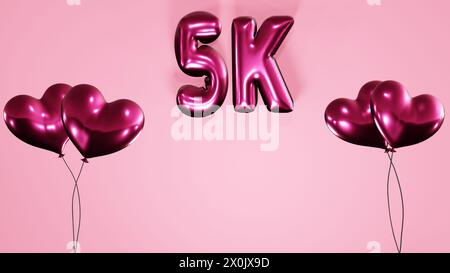 5K, 5000 Follower Abonnenten mögen Feier Hintergrund mit Herzform Helium Luftballons und Ballontexte auf rosa Hintergrund 8K Illustratio Stockfoto