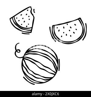 Kritzelzeichnung von Wassermelone isoliert auf weißem Hintergrund, gezeichnet mit Stift. Miniaturansicht zum Einfärben der Buchungsseite. Vektor-Illustration der vega-Frucht Stock Vektor