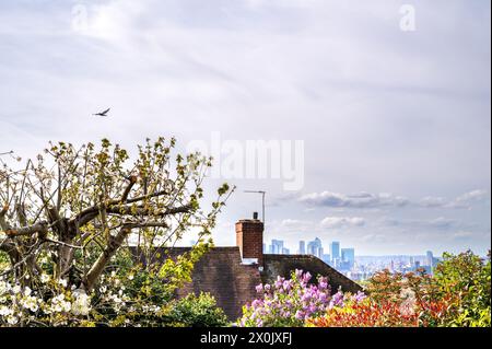 Wohnhaus in Greenwich vor der fernen Skyline von London in der Frühlingsblüte, England, Großbritannien Stockfoto