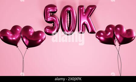 50k, 50000 Follower Abonnenten mögen Feier Hintergrund mit herzförmigen Helium Luftballons und Ballontexten auf rosa Hintergrund 8k Stockfoto
