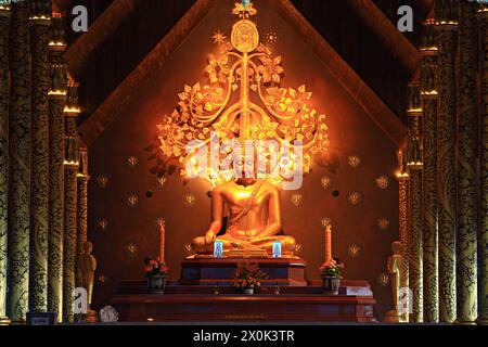 Goldene buddha-Statue an der öffentlichen Attraktion Sirindhorn Wararam Phu Prao Tempel (Wat Phu Prao) in der Provinz Ubon Ratchathani, Thailand Stockfoto