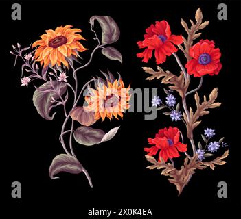 Blumensträuße mit Sonnenblumen, Mohn und anderen Wildblumen. Vektor Stock Vektor