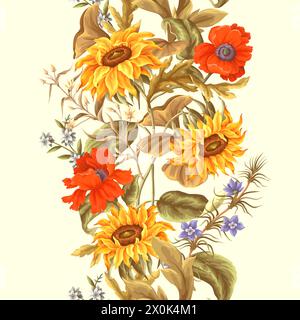 Rand mit Sonnenblumen, Mohn und anderen Wildblumen. Vektor. Stock Vektor