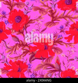 Nahtloses Muster mit Mohn und anderen Wildblumen. Vektor. Stock Vektor