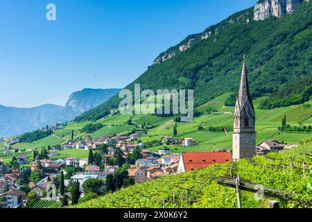 Tramin an der Weinstraße (Termeno sulla Strada del Vino), Hauptkirche im Dorf Tramin, Weinberge, Berg Mendelkamm in Südtirol, Trentino-Südtirol, Italien Stockfoto