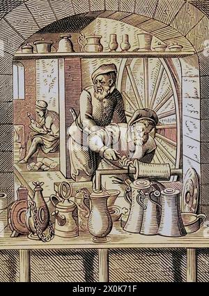 Blechhandwerker. Reproduktion eines Stiches aus dem 16. Jahrhundert von Jost Amman. Spätere Färbung. "Moeurs, usages et Kostüumes au moyen-âge et à l'époque de la Renaissance" von Paul Lacroix. Paris, 1878. Stockfoto