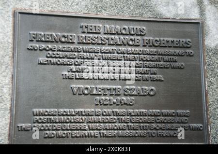 Plakette, die den Teil erklärt, den die französischen Widerstandskämpfer im Zweiten Weltkrieg bezahlt haben, Lambeth, London, Großbritannien Stockfoto
