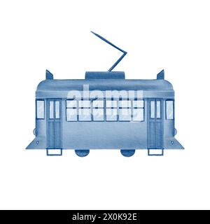 Gelbe Straßenbahn Nr. 28. In der monochromen Technik der Fliesenfarben Blau und weiß. Aquarellabbildung. Element der Azulejo-Fliesen. Für Aufkleber Stockfoto