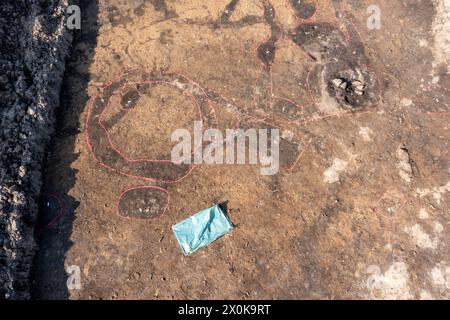 Überreste einer 6000 Jahre alten Leichenhütte, archäologische Ausgrabungsstätte, Magdeburg, Sachsen-Anhalt, Deutschland Stockfoto