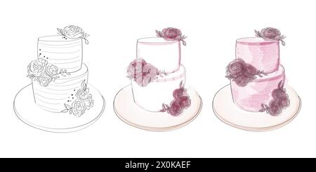 Eine detaillierte Zeichnung mit drei verschiedenen Arten von Kuchen, die jeweils ihre einzigartigen Designelemente und Aromen zeigen Stock Vektor