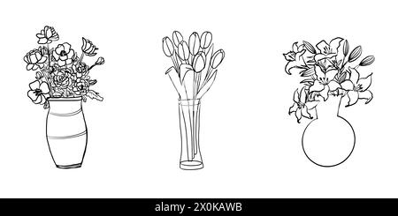 Line Art Glowers in der Vase. Tulip, lilie, Anemonenskizze Stock Vektor