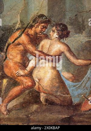 Das Haus der griechischen Epigramme - römische Residenz in der antiken Stadt Pompeji, die durch den Ausbruch des Mt. Vesuv im Jahr 79 n. Chr. Mehr Details Fresco, der Satyr zeigt, wie er eine Maenade aus dem Peristyle verzauberte Stockfoto