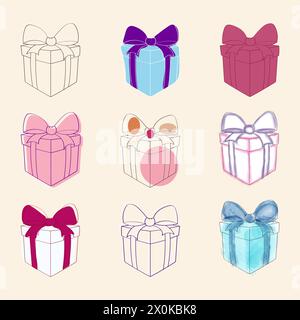 Eine Sammlung von verschiedenfarbigen Schachteln, die jeweils mit einer festlichen Schleife auf der Oberseite verziert sind. Die Boxen sind zusammen angeordnet und bieten eine Mischung aus lebhaften Farbtönen und verschiedenen Größen Stock Vektor
