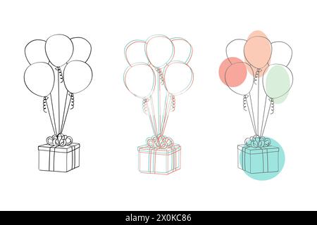 Um Geschenkboxen gruppieren sich lebhafte Ballons, die eine festliche und feierliche Szene schaffen Stock Vektor