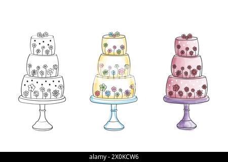 Eine Zeichnung mit drei verschiedenen Arten von Kuchen, die jeweils einzigartige Designs und Dekorationen zeigen. Die Kuchen variieren in Größe, Form und Belag, was die Vielfalt der Kuchenherstellung unterstreicht Stock Vektor