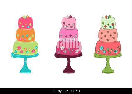 Drei Kuchen in verschiedenen Farben werden übereinander platziert, wodurch ein farbenfroher und optisch ansprechender Stapel entsteht Stock Vektor
