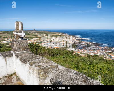 Panorama, Azoren, Insel Graciosa, Portugal, Küstengemeinde, Küstengemeinde, Stadt Santa Cruz de Graciosa, Blick von der Eremitage auf Nossa Senhora da Ajuda, Atlantik-Archipel Stockfoto